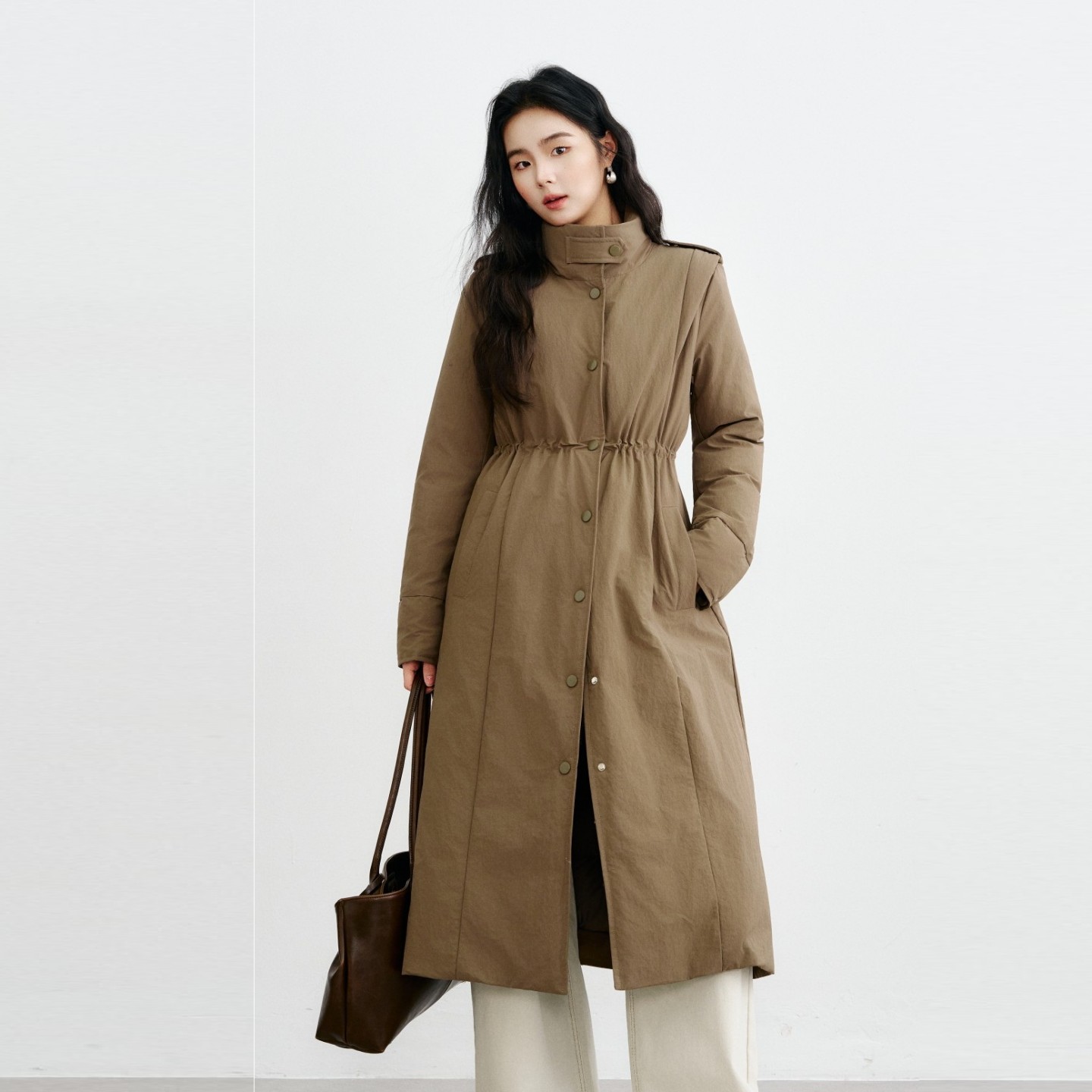 MVC原版冬季保暖外套气质工装风腰间抽绳立领长款鸭绒羽绒服女