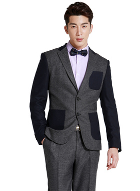 灰色套装修身西服主持人菲狮顿男士礼服韩版结婚灰色拼接设计0718
