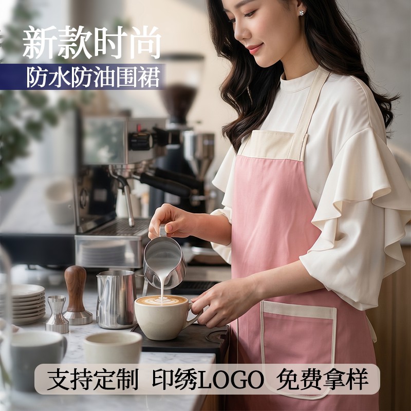 韩式防水防油挂脖围裙厨房烘焙咖啡师印花定制LOGO餐饮女士服务员