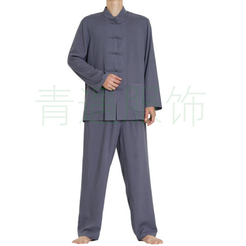 凉爽爸爸夏季装长袖棉绵绸套装中老年人唐装70-80岁男太极服两件