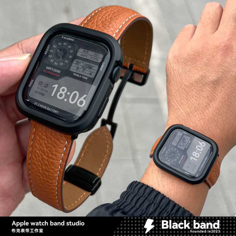 s10苹果手表ultra3缝线牛皮S11金属折叠扣s7表带s8s9壳iwatch/SE2图片
