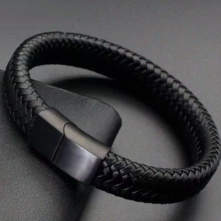 潮牌个性皮绳手链男款简约手镯复古朋克潮流手饰黑色手环男生单层