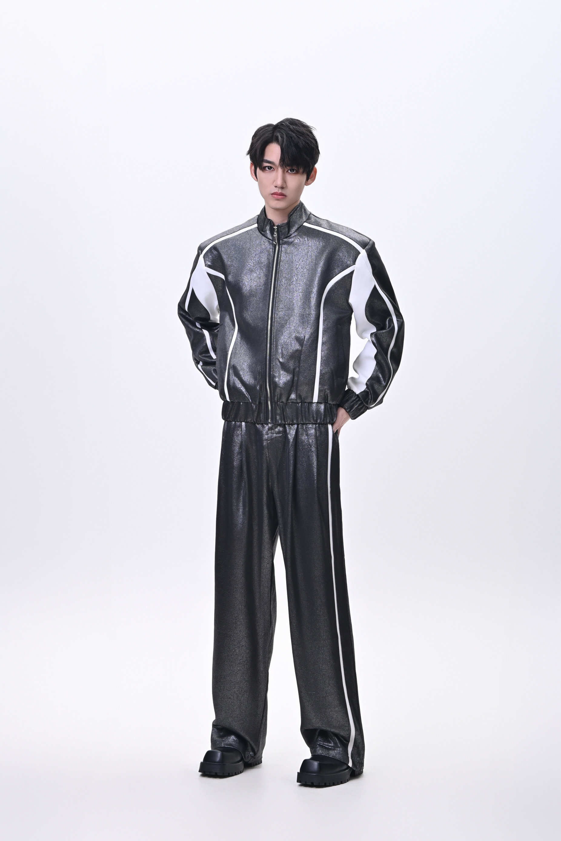 小众美式复古机车服夹克套装男士韩版痞帅拼色设计感休闲两件套潮