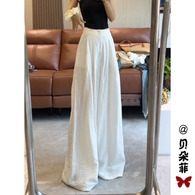 白色冰丝棉麻阔腿裤女夏季高腰垂坠感休闲裤小个子山本裤拖地裙裤