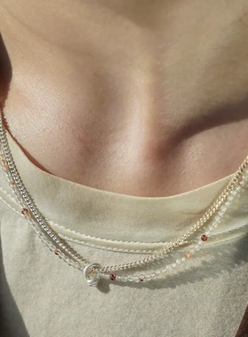 小众简约设计S925纯银红铁水晶双链项链做旧废十风磨砂肌理锁骨链