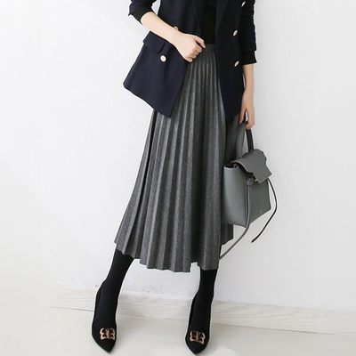 灰色半身裙女秋冬季松紧腰显瘦羊毛呢a字半裙中长款气质百褶裙子