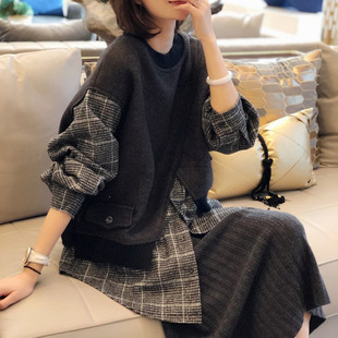 假两件圆领卫衣女款春秋时尚洋气宽松中长款复古格子灰色无帽外套