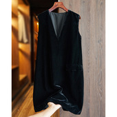 金丝绒V领无袖 黑色连衣裙女春秋轻奢高级感气质中长款 马甲背心裙