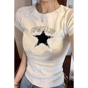 美式复古字母印花短袖T恤女夏季小个子修身显瘦正肩设计感上衣