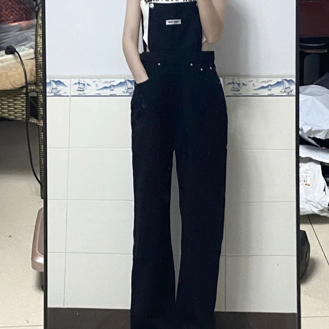 韩式复古黑色背带裤女春秋慵懒风ins宽松阔腿显瘦百搭休闲牛仔裤