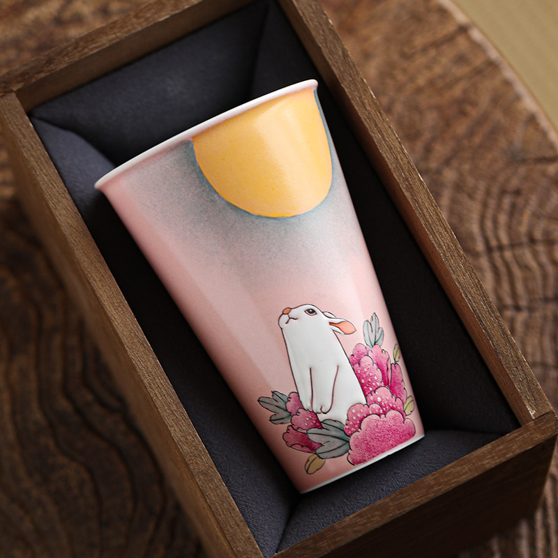 勾画手工手绘粉色牡丹玉兔可乐杯景德镇陶瓷水杯办公室家居暖手杯,餐饮具,茶杯,淘宝优惠券,粉丝福利购,淘宝优惠卷