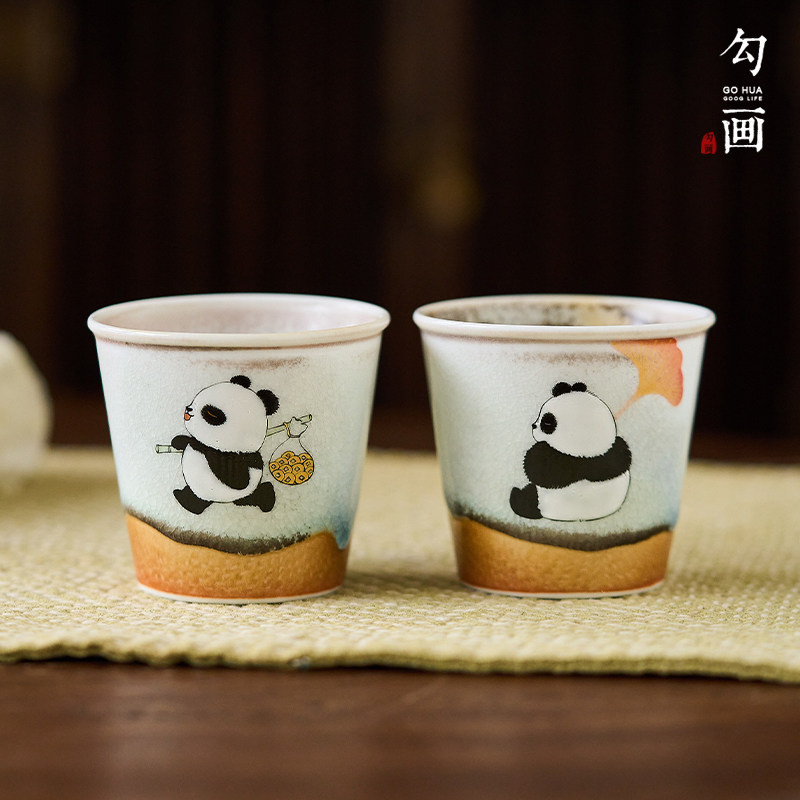 勾画 景德镇原创手绘窑变釉可爱熊猫功夫茶杯小可乐杯主人品茗杯