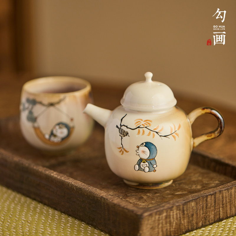 勾画机器猫陶瓷茶壶家用功夫茶泡茶壶 手绘卡通茶具创意窑变单壶