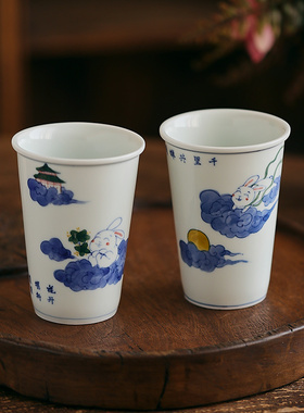 勾画茶器 200ML景德镇青花杯子陶瓷水杯生肖手绘兔子可乐杯暖手杯