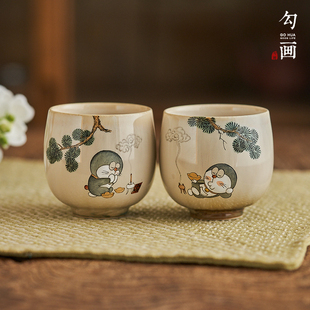 景德镇手绘蓝胖子茶杯主人杯卡通窑变茶具个人专用手工陶瓷单杯