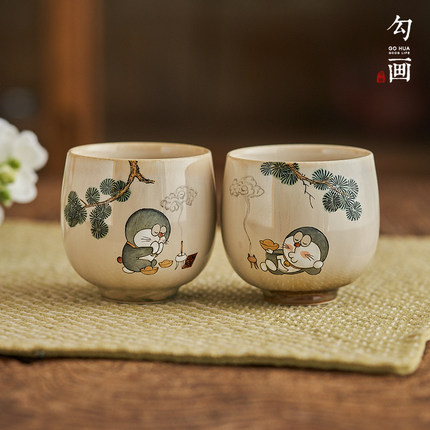 景德镇手绘蓝胖子茶杯主人杯卡通窑变茶具个人专用手工陶瓷单杯