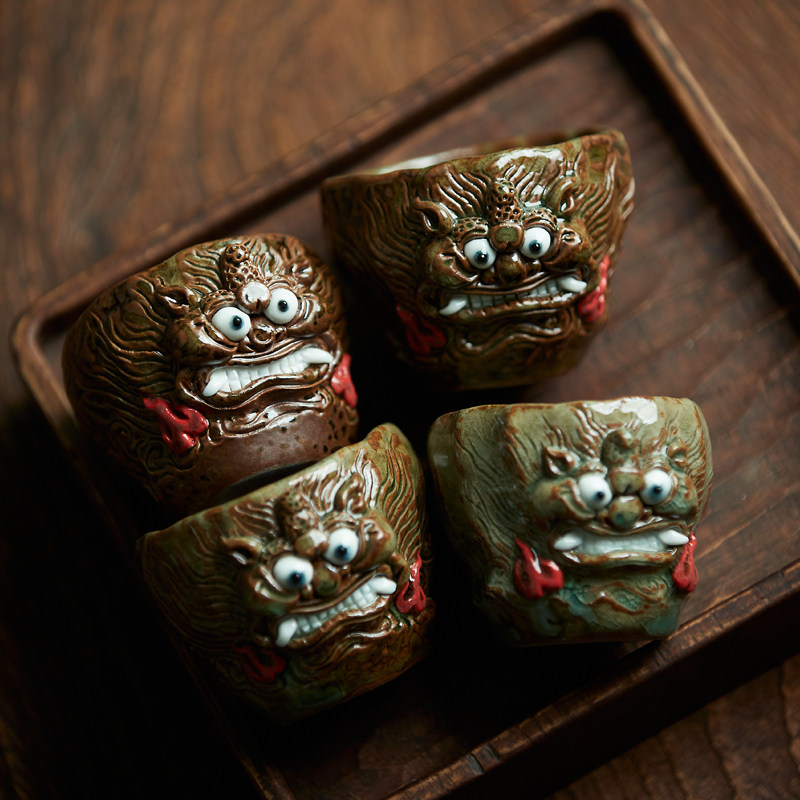 中式风粗陶手工复古创意雕刻茶盏