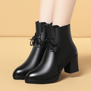 冬季真皮软皮短靴女粗跟高跟加绒保暖中年妈妈棉鞋加厚羊毛棉皮鞋