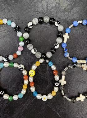 billy同款 黑八太极骰子珍珠彩色手链 INS复古CleanFit风格潮流配