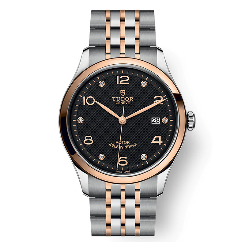 帝舵tudor 1926系列玫瑰金镶钻黑盘钢带机械男表m91551-0004