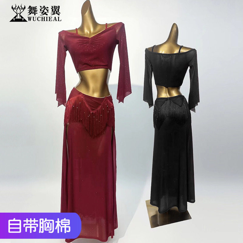 肚皮舞练功服套装网纱中袖带胸垫