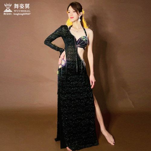 舞姿翼演出服烫钻文胸连体裙套装