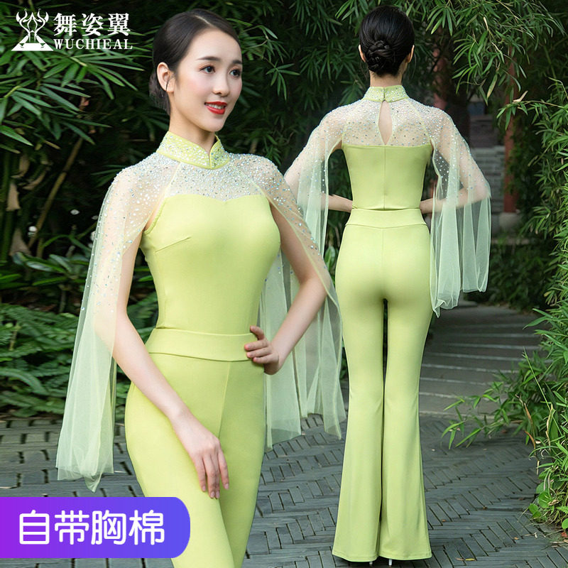 舞姿翼烫钻飘袖旗袍领形体服套装