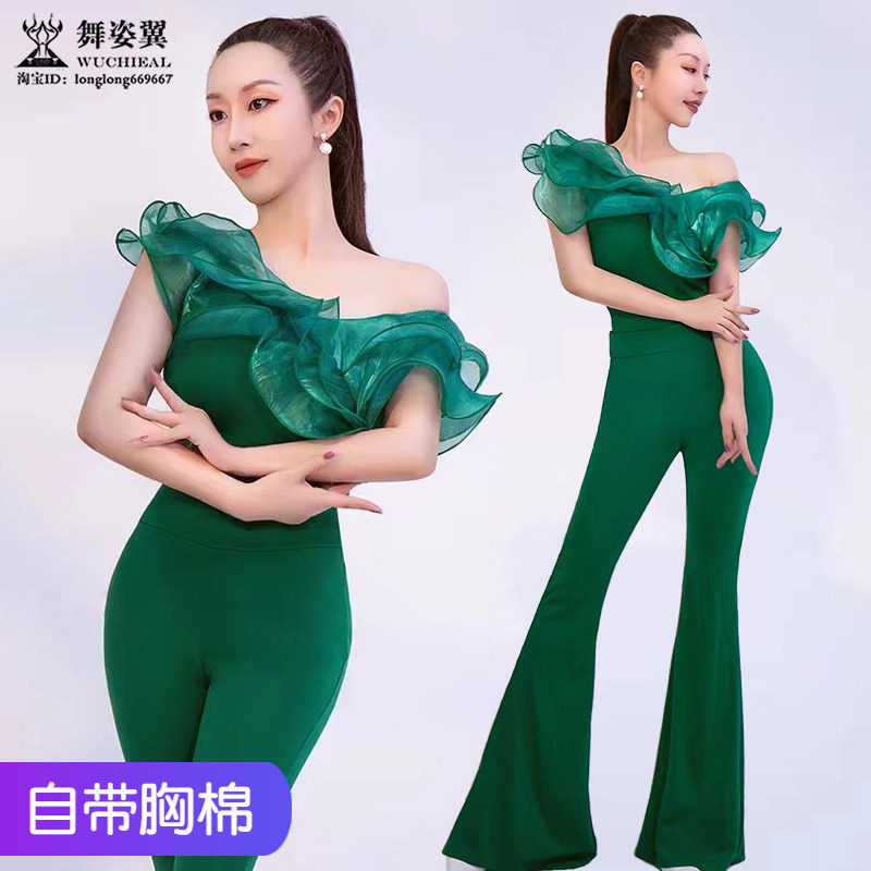 舞姿翼修身形体礼仪T台走秀训练服小鱼纹斜肩荷叶边上衣裤子套装