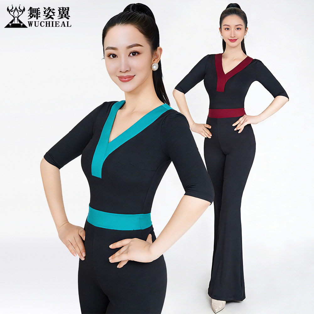 舞姿翼修身形体衣礼仪走秀训练服黑色牛奶丝v领中袖上衣裤子套装