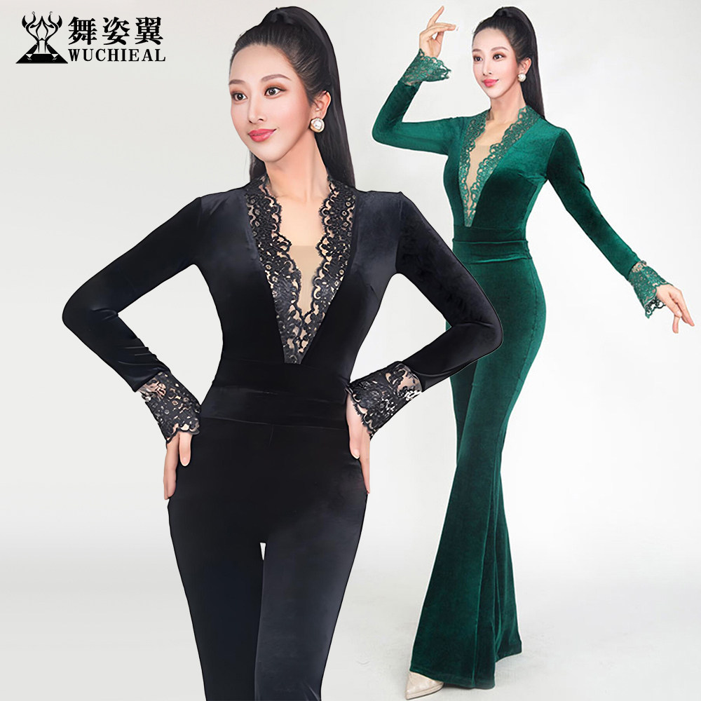 舞姿翼修身形体衣礼仪走秀训练功服女丝绒蕾丝边长袖上衣裤子套装
