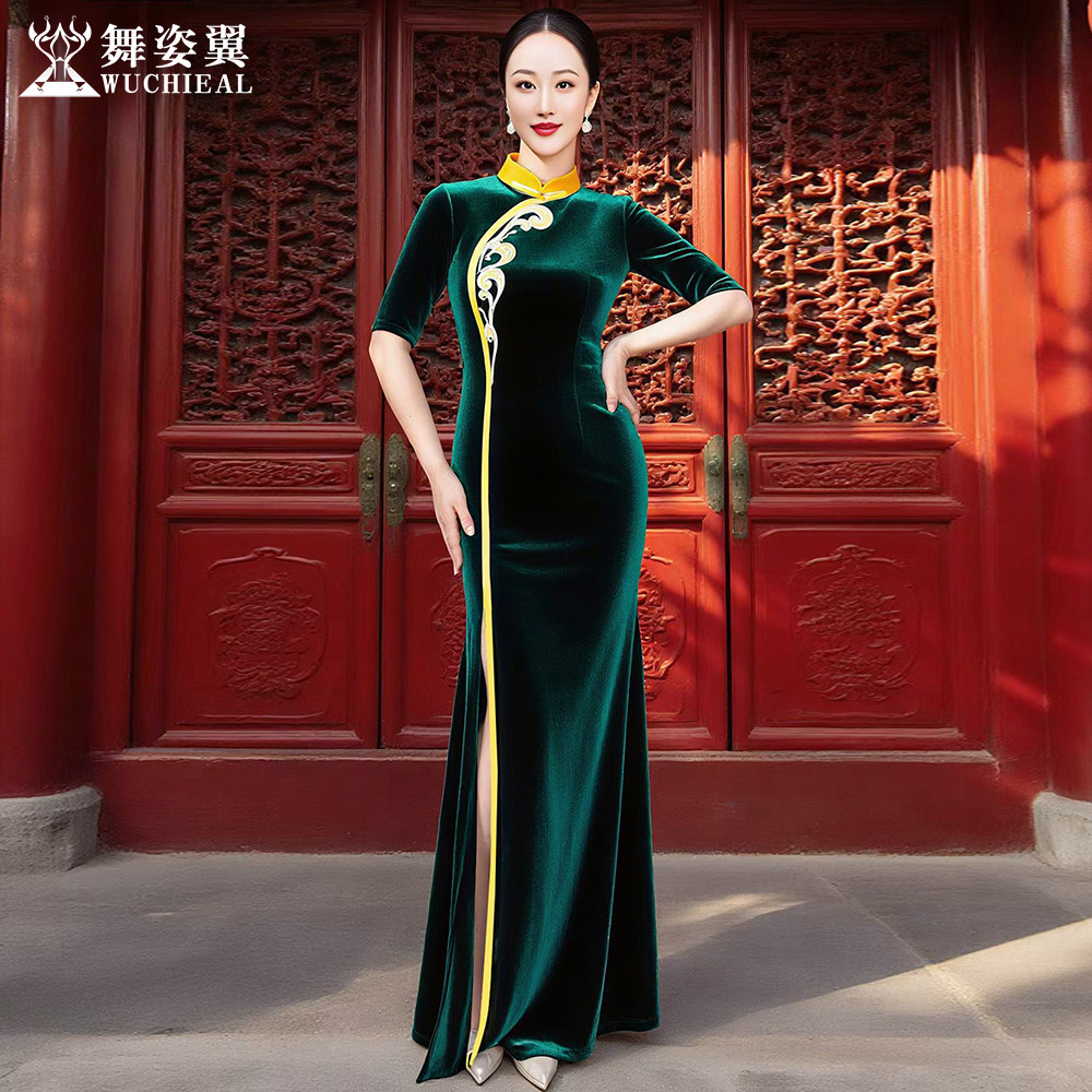 舞姿翼墨绿丝绒绣花旗袍连衣裙