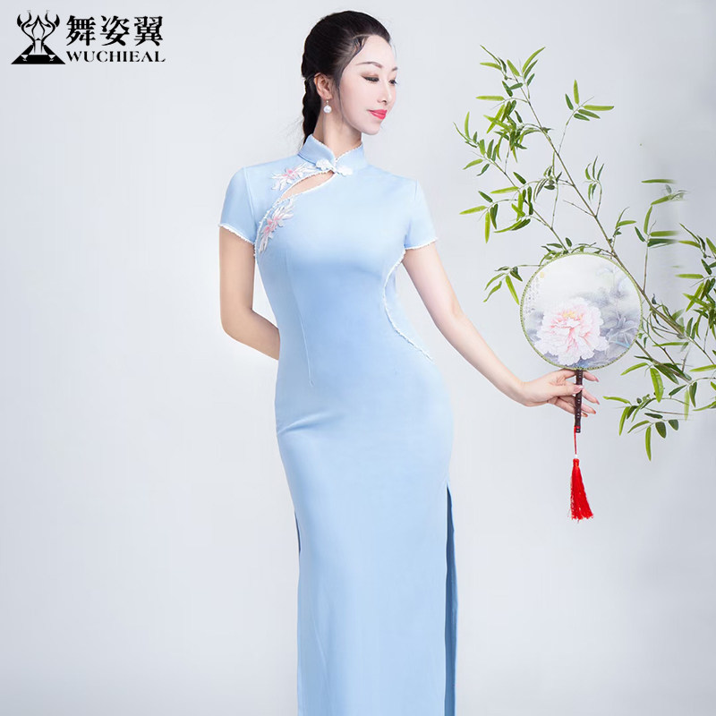 舞姿翼修身走秀短袖改良旗袍裙