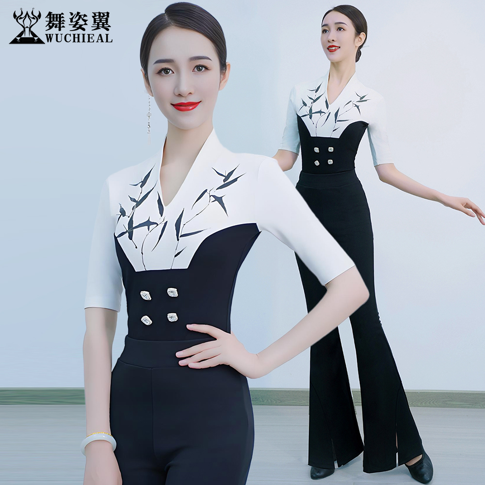 舞姿翼修身形体衣礼仪走秀训练服黑白罗马棉V领中袖上衣裤子套装