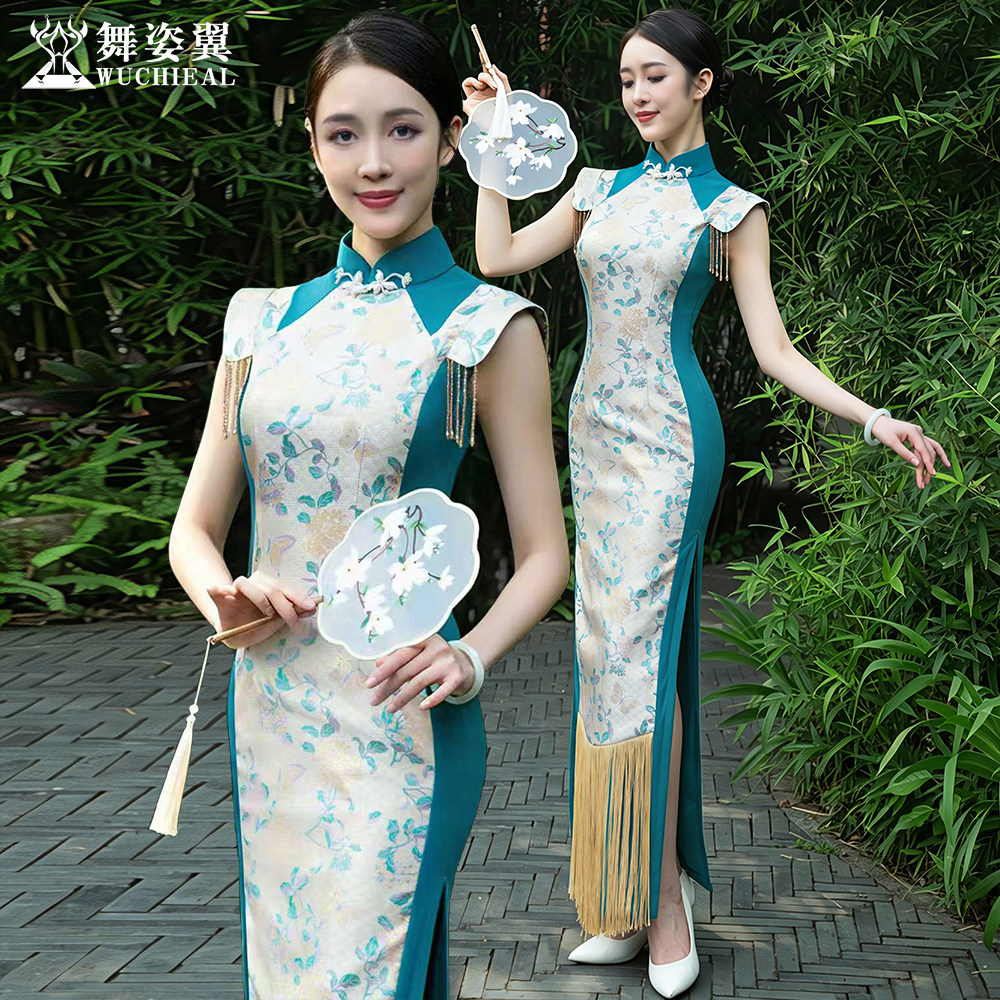 舞姿翼修身形体礼仪走秀训练服古典蓝色拼接织锦缎无袖旗袍连衣裙