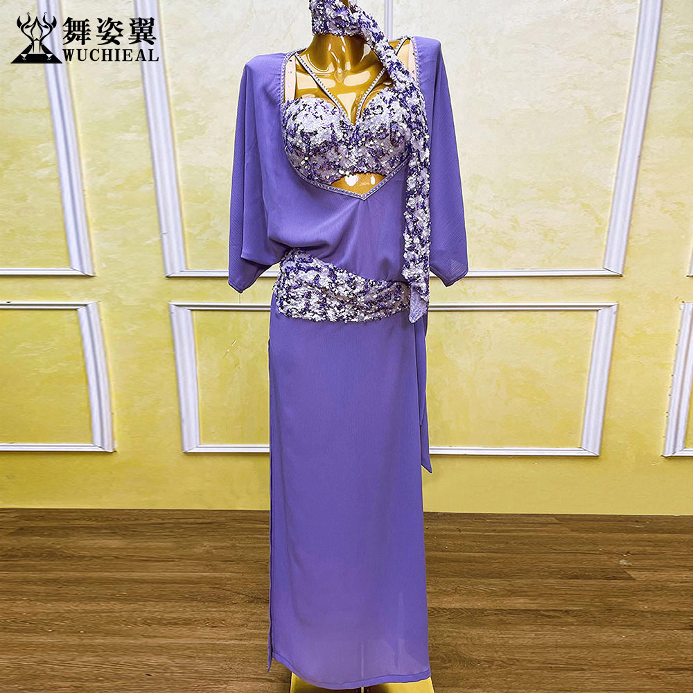 肚皮舞表演出服套装紫色珠片文胸shabbi连体长裙baladi袍子五件套