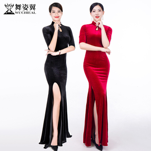 修身形体礼仪走秀训练服中式古典优雅黑色丝绒中袖改良旗袍连衣裙