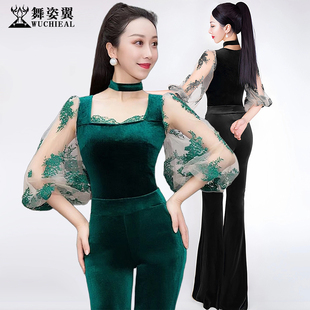 舞姿翼形体衣礼仪走秀训练练功服丝绒复古方领灯笼袖上衣裤子套装