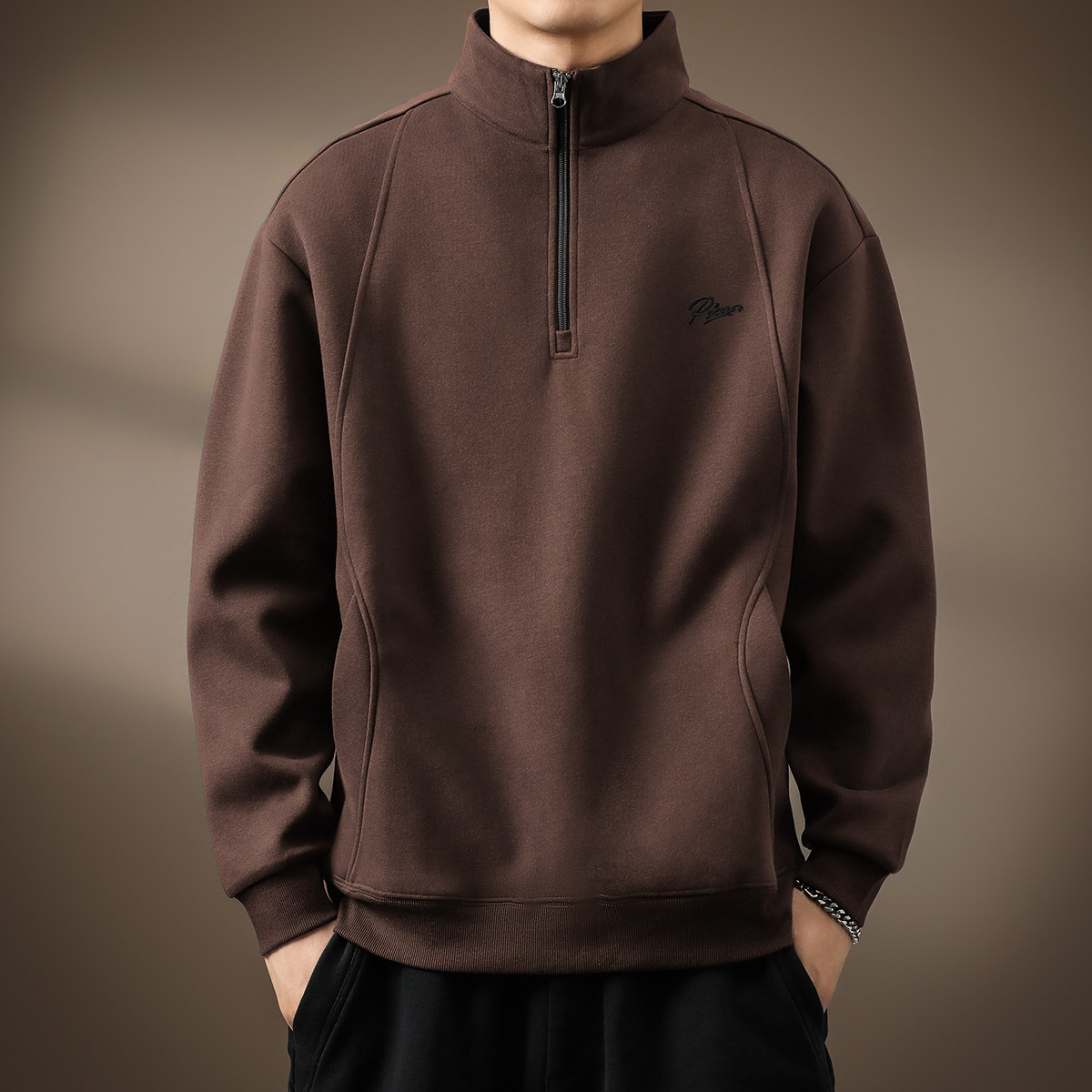 高端立领半拉链简约刺绣卫衣男秋季美式复古加绒休闲外套Polo衫男