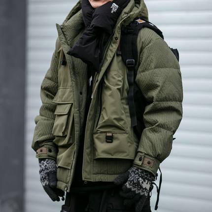 冬季户外拼接设计感工装连帽羽绒服男潮牌宽松大码情侣白鸭绒外套