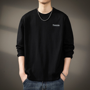 高级感亲肤新疆棉长袖T恤男士春秋重磅印花纯棉内搭打底衫卫衣男