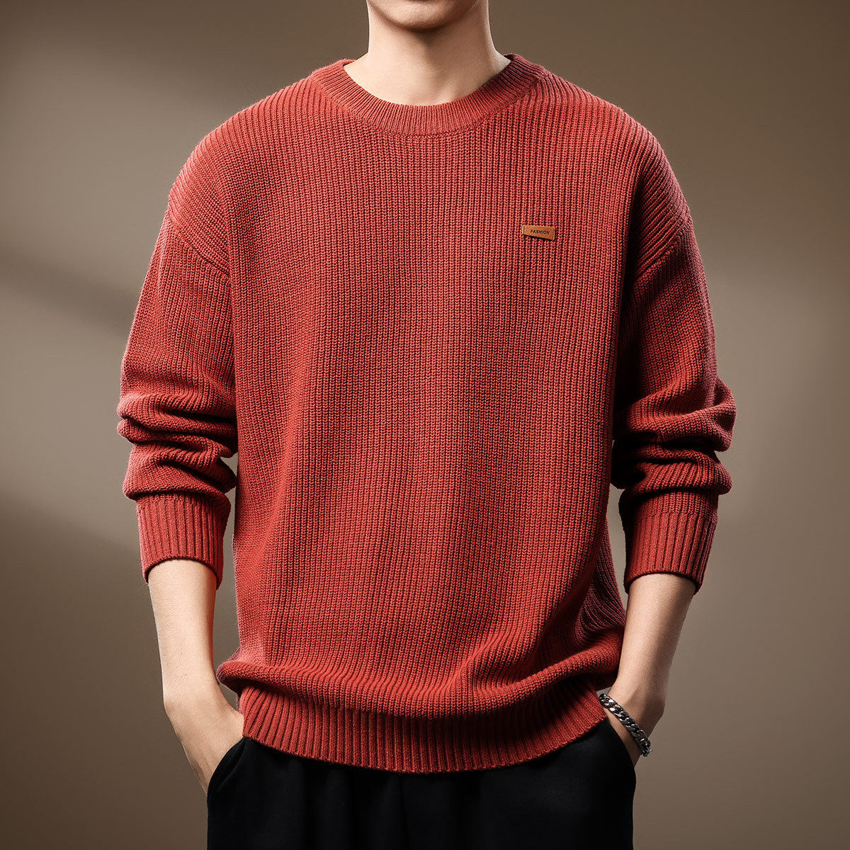 高端慵懒风红色套头毛衣男秋季新款美式加厚宽松内搭休闲针织衫男
