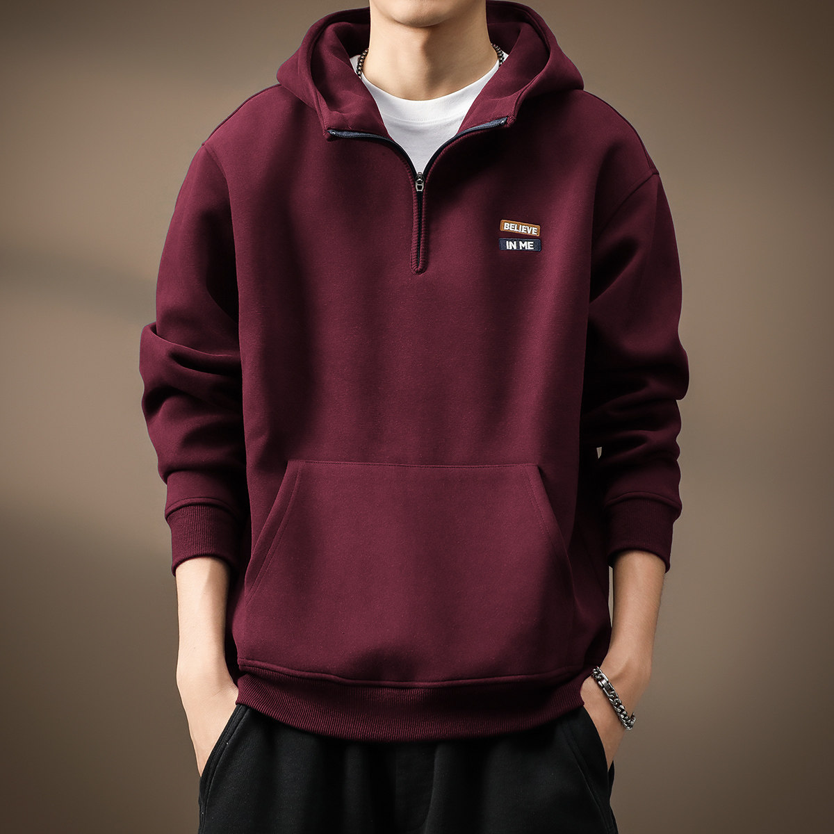 高端420g重磅连帽红色半拉链卫衣男春秋新款宽松大码美式潮牌外套