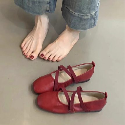 羊皮版~法式交叉带红色玛丽珍鞋平底单鞋女浅口晚风仙女芭蕾舞鞋