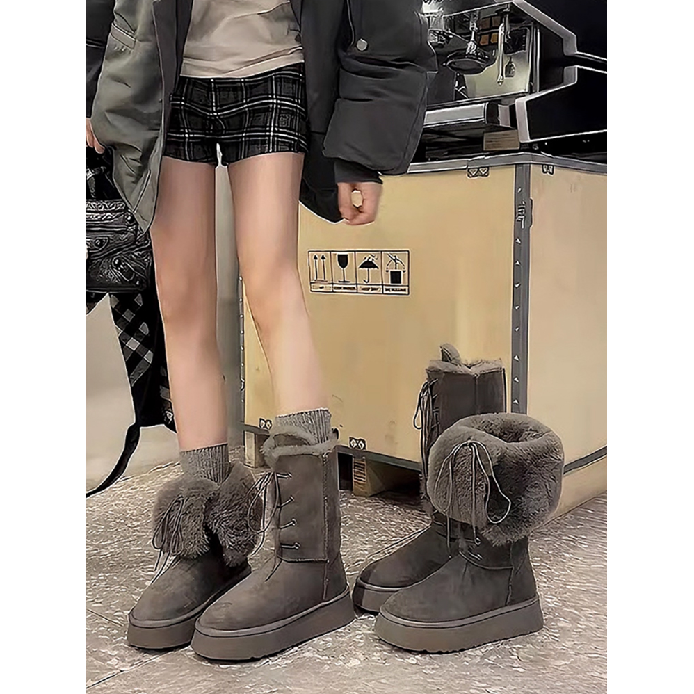 灰色系带真羊皮毛长筒加绒雪地靴