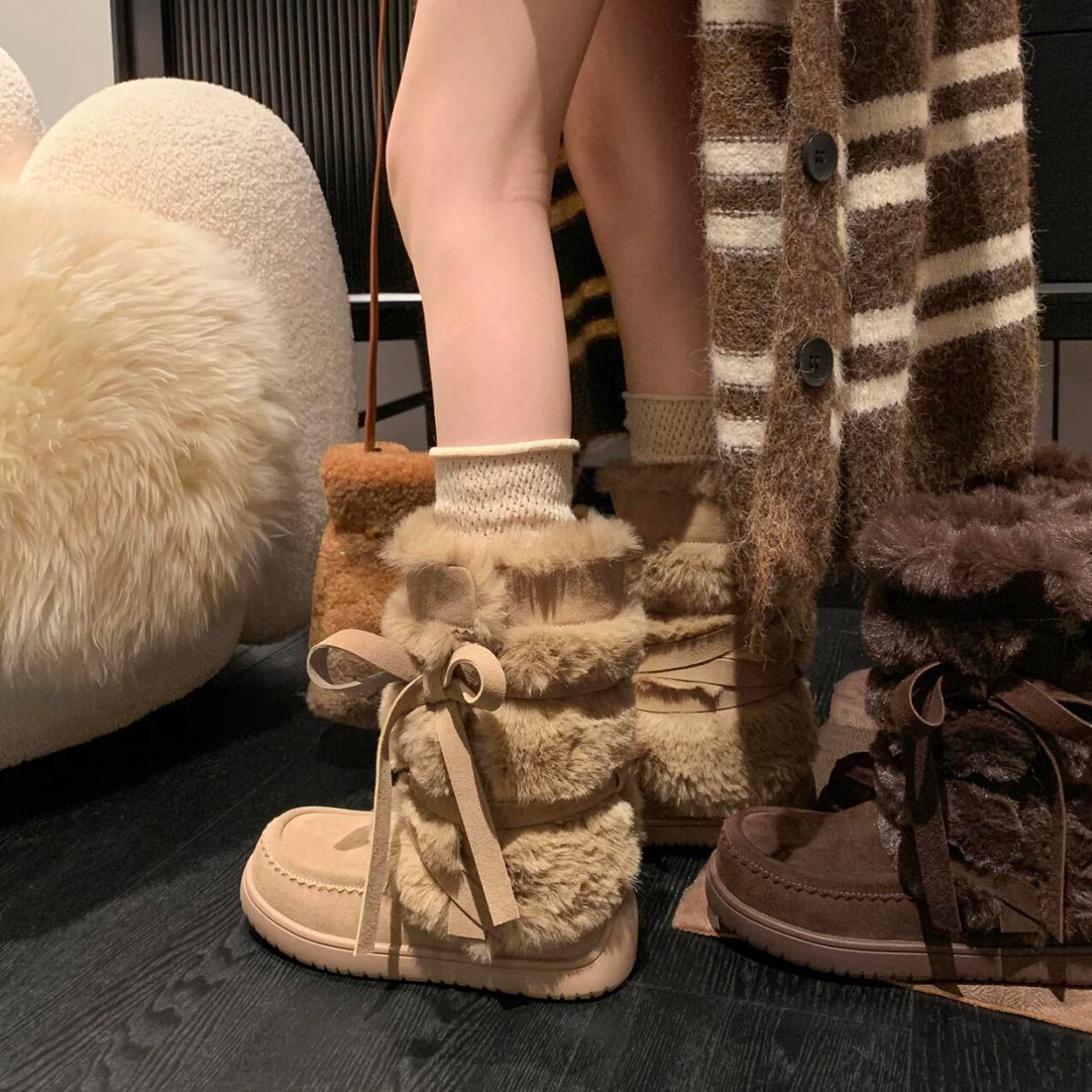 松茶可可～绑带毛毛保暖雪地靴
