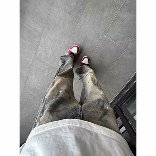 高街裤 New 男潮牌美式 NB水洗脏染泼墨牛仔裤 子设计感直筒 Bcfauae