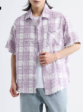 New Bcfauae NB覆古紫色格子短袖衬衫男女夏季宽松高级感上衣
