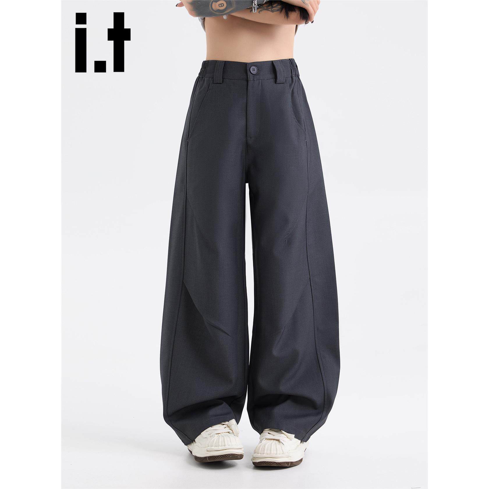 New Bcfauae NB灰色褶皱设计休闲西裤宽松西装裤男女夏秋长裤