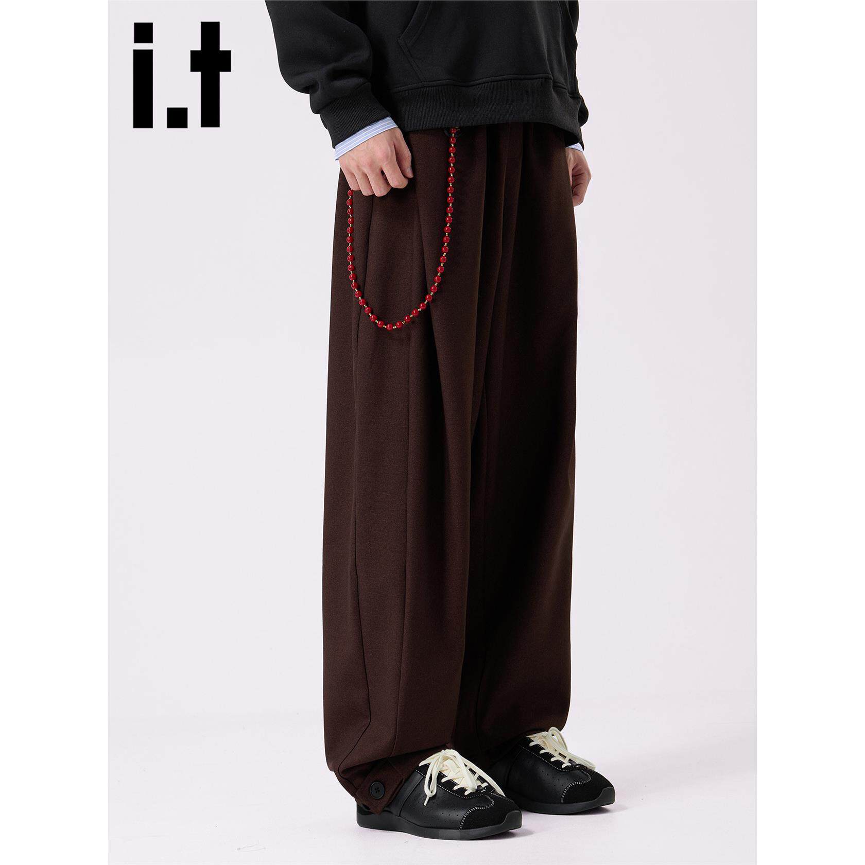 New Bcfauae NB棕色松紧腰西裤宽松阔腿西装裤男款秋垂感长裤