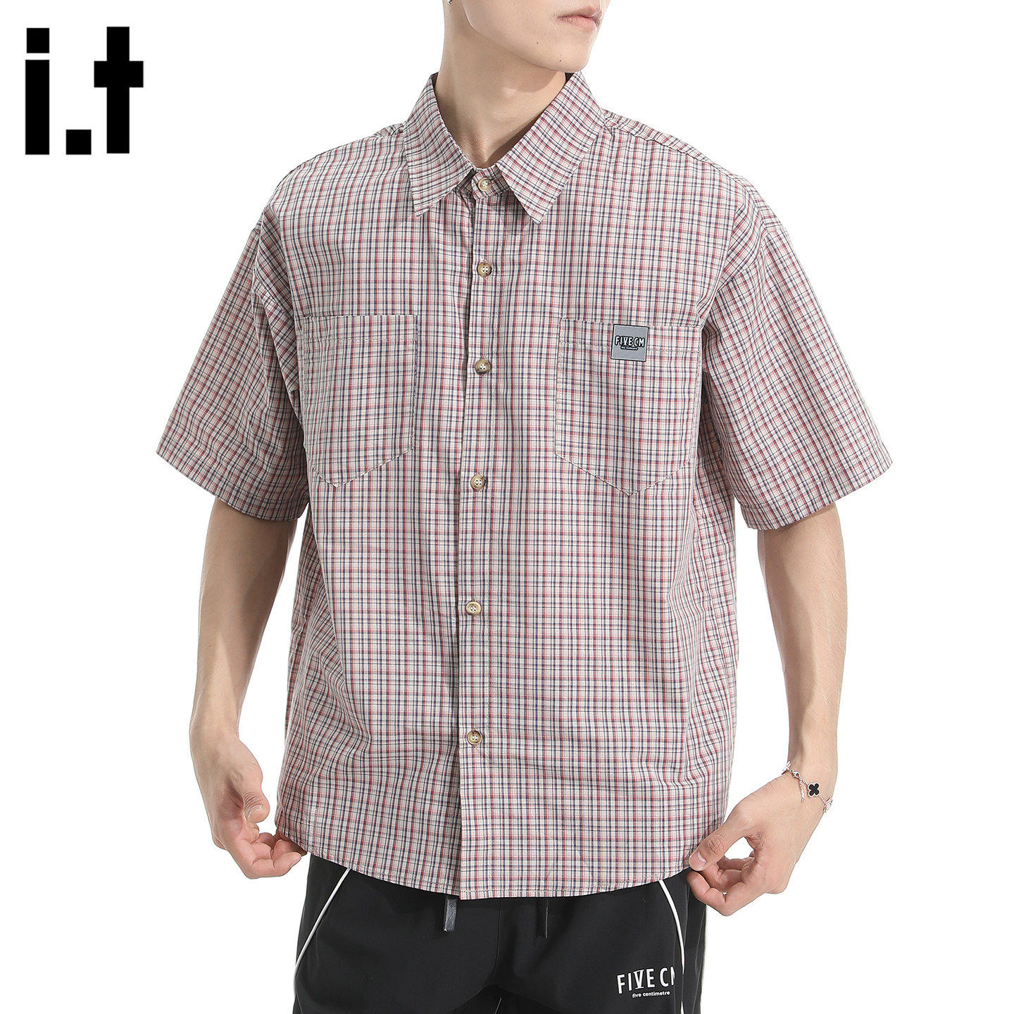 New Bcfauae NB红色格子条纹短袖衬衫男款新款夏季高级感上衣